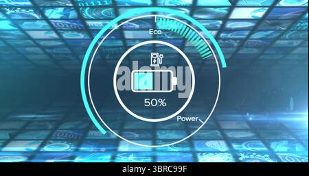 Showing central circular gauge floating in virtual 3D grid, with battery icon, Eco Power 50% labels Stock Photo