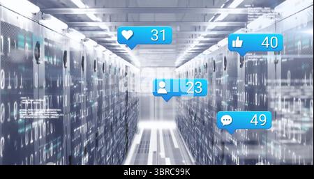 Server racks streaming binary code with LED lights in datacenter aisle showing social media icons Stock Photo