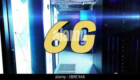 Displaying yellow 6G text occupying center of data center hallway, with server racks and lit panels Stock Photo