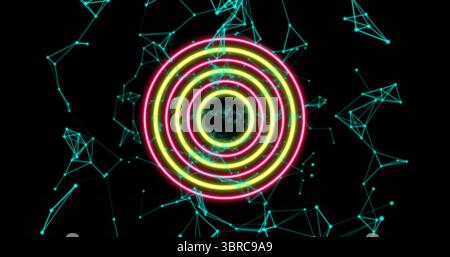 Floating neon concentric rings rotating in virtual network, with swirling particle core, aqua lines Stock Photo