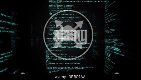 Displaying circular overlay icon with crossing arrows and exchange symbols among green code columns Stock Photo