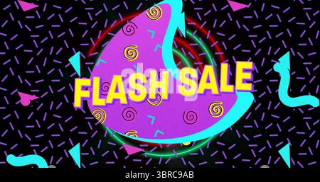 Displaying central purple shape outlined in cyan on retro graphic, featuring bold yellow FLASH SALE Stock Photo