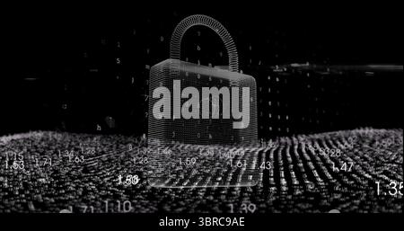 Floating wireframe padlock hovering over digital dot grid, with numerical code fragments drifting Stock Photo