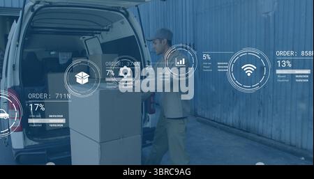Lifting stacked boxes courier in tan uniform loading at warehouse, with white van rear doors open Stock Photo