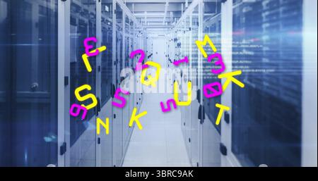 Server cabinets flashing LEDs and floating code symbols in central data center corridor Stock Photo