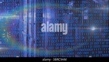 Streaming digital display showing glowing binary code rows on control monitor, glitch lines Stock Photo