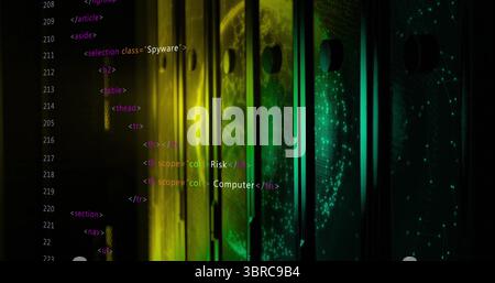 Server racks displaying globe network projection in data center, with LED lights and code overlay Stock Photo