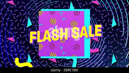 Showing central purple rectangle featuring FLASH SALE text in digital banner, with neon shapes Stock Photo