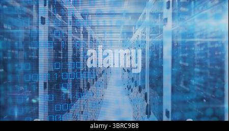 Glowing server racks illuminating narrow data center corridor, with floating binary code overlay Stock Photo