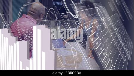 Analyzing printed charts blueprints and digital overlays, man and woman wearing suits in office Stock Photo