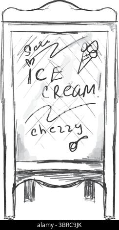 A playful and creatively crafted handdrawn signboard showcasing the deliciousness of cherry ice cream. Hand drawn vector illustration in black and white graphics. Stock Vector