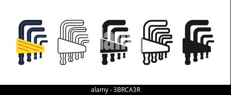 Hex allen wrench key icon symbol set. Classic hex wrench repair tool builder mechanic, plumber. Construction mechanical maintain metal tool sign professional stylized cartoon vector illustration Stock Vector