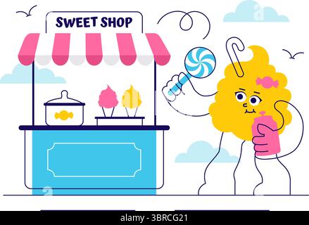 Sweet Shop Vector Illustration Featuring the Sale of Various Bakery Products, Cupcakes, Cakes, Pastries, or Candy in a Flat Style Cartoon Background Stock Vector