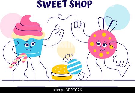 Sweet Shop Vector Illustration Featuring the Sale of Various Bakery Products, Cupcakes, Cakes, Pastries, or Candy in a Flat Style Cartoon Background Stock Vector