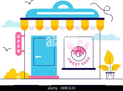 Sweet Shop Vector Illustration Featuring the Sale of Various Bakery Products, Cupcakes, Cakes, Pastries, or Candy in a Flat Style Cartoon Background Stock Vector