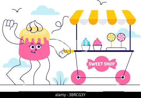 Sweet Shop Vector Illustration Featuring the Sale of Various Bakery Products, Cupcakes, Cakes, Pastries, or Candy in a Flat Style Cartoon Background Stock Vector
