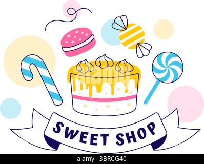 Sweet Shop Vector Illustration Featuring the Sale of Various Bakery Products, Cupcakes, Cakes, Pastries, or Candy in a Flat Style Cartoon Background Stock Vector