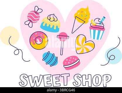 Sweet Shop Vector Illustration Featuring the Sale of Various Bakery Products, Cupcakes, Cakes, Pastries, or Candy in a Flat Style Cartoon Background Stock Vector
