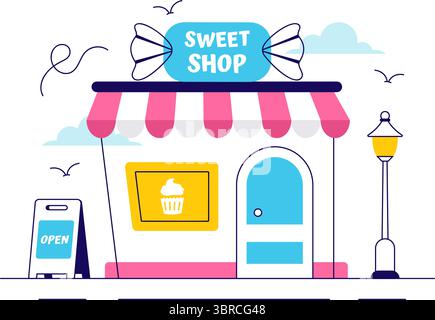 Sweet Shop Vector Illustration Featuring the Sale of Various Bakery Products, Cupcakes, Cakes, Pastries, or Candy in a Flat Style Cartoon Background Stock Vector