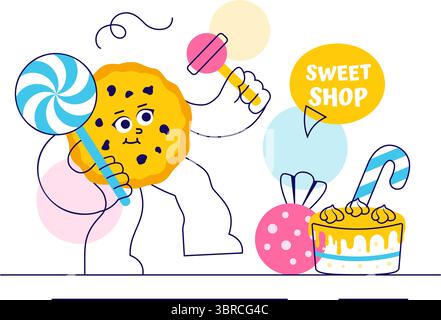 Sweet Shop Vector Illustration Featuring the Sale of Various Bakery Products, Cupcakes, Cakes, Pastries, or Candy in a Flat Style Cartoon Background Stock Vector
