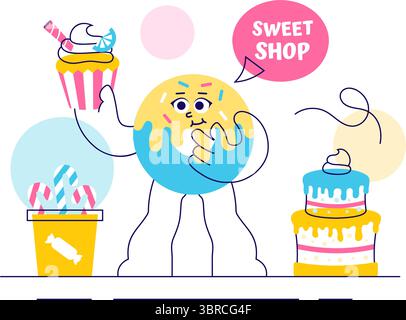 Sweet Shop Vector Illustration Featuring the Sale of Various Bakery Products, Cupcakes, Cakes, Pastries, or Candy in a Flat Style Cartoon Background Stock Vector