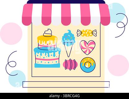 Sweet Shop Vector Illustration Featuring the Sale of Various Bakery Products, Cupcakes, Cakes, Pastries, or Candy in a Flat Style Cartoon Background Stock Vector