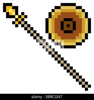 Shield and spear in pixel art isolated on white background Stock Vector