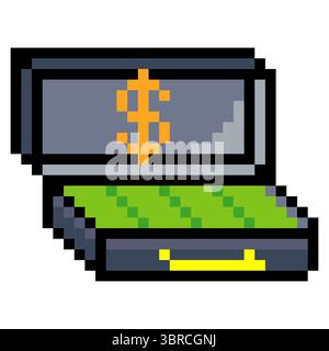 Briefcase filled with money in pixel art style Stock Vector