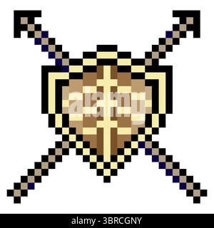 Shield and spear in pixel art style Stock Vector