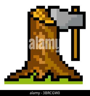 Tree stump with ax in pixel art style Stock Vector