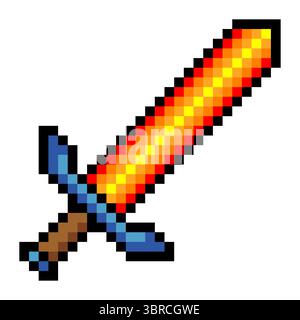 Flaming sword in pixel art style. Stock Vector