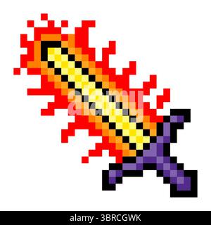 Flaming fire sword in pixel art style Stock Vector