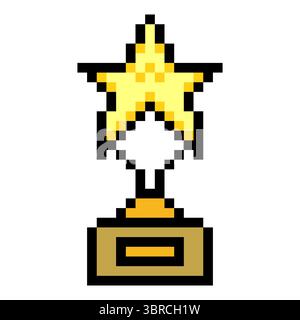 Trophy award with stars in pixel art style Stock Vector