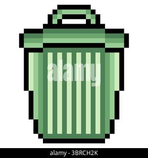 Green trash can with pixel art Stock Vector