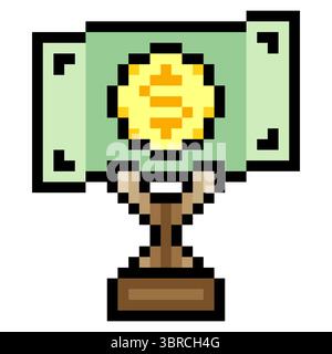 Trophy award with prize money in pixel art style Stock Vector