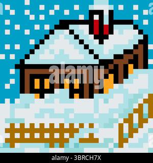 Winter house in pixel art Stock Vector