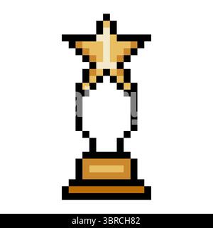 Trophy award with stars in pixel art style Stock Vector