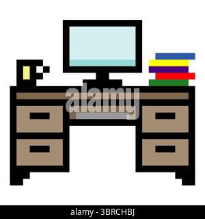 Office desk with pixel art. Office furniture with pixel art Stock Vector