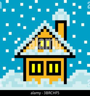 Winter rest house in pixel art Stock Vector