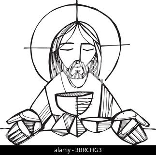 Line art drawing of Jesus during the Last Supper, depicted in a minimalist, stylized manner inspired by Byzantine iconography. He is shown with a halo Stock Vector