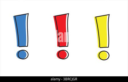 Hand Drawn Exclamation Mark Set: Blue, Red, Yellow Stock Vector