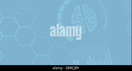 Flat design interface is displaying circular brain icon over translucent hexagon grid and bar chart Stock Photo