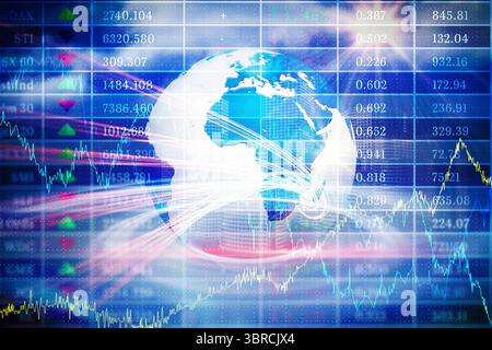 3D globe showing Europe and Africa is hovering over financial UI with light trails, charts Stock Photo