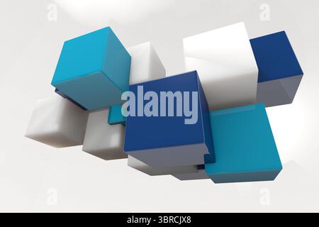 Floating 3D cubes in white dark and light blue casting shadows and reflections on gradient backdrop Stock Photo