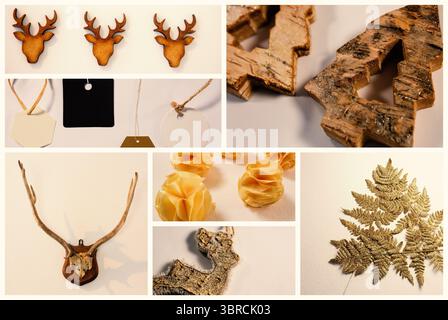 Flat lay collage is showing deer head ornaments and glittered tree shapes on neutral beige surface Stock Photo