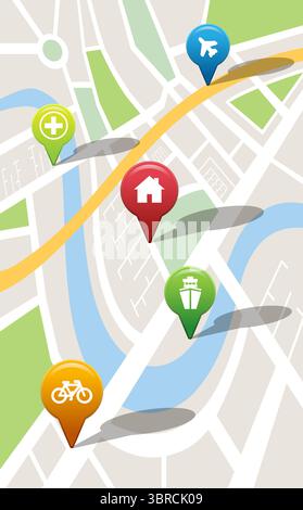 Navigation pointers with various representations on map Stock Photo