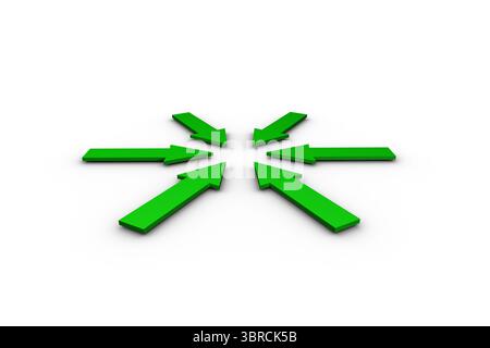 six green arrows in 3D render are pointing inward on white plane, with subtle shadows Stock Photo