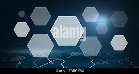 Large translucent hexagon is floating above blue gradient 3D interface, stylized circuit network Stock Photo