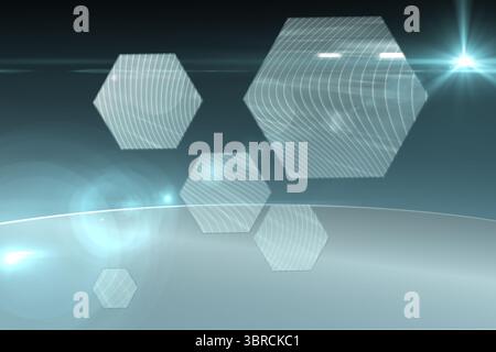 Abstract UI is showcasing floating translucent hexagons with wavy lines, lens flares over horizon Stock Photo