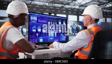 Diverse Group Of Industrial Workers At Gas Power Plant Using SCADA System. Stock Photo
